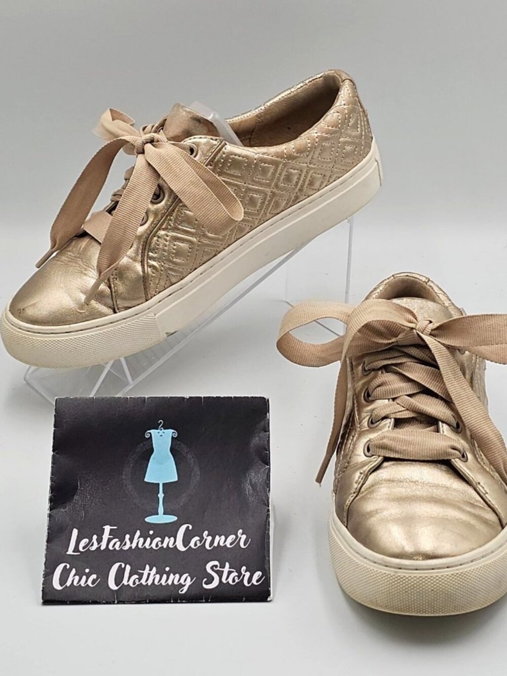 Tory Burch Women's Marion Quilted Gold Leather Lace Up Sneakers Size 5.5 2828